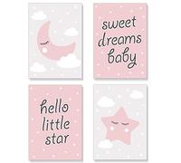 PREMYO Cuadros Infantiles para Habitación Niña - Láminas Decorativas para Enmarcar - 4 Póster Luna Estrella Rosa A4
