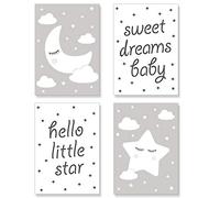 PREMYO Cuadros Infantiles para Habitación Niña Niños - Láminas Decorativas para Enmarcar 4 Póster Luna Estrella Gris A4