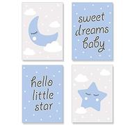 PREMYO Cuadros Infantiles para Habitación Niños - Láminas Decorativas para Enmarcar - 4 Póster Luna Estrella Azul A4