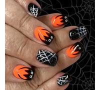 Prensa brillante de Halloween en las puntas Telaraña negra Diseño cuadrado corto 24PCS Puntas artificiales Tipo francés No necesita herramientas Clavos cuadrados cortos