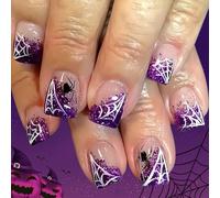 Prensa con estampado de telaraña en las uñas, tema de Halloween brillante, aplicación instantánea Artificial, 24 Uds, imitación cuadrada
