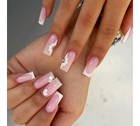 Prensa cuadrada en las uñas de alto brillo encaje francés totalmente cubierto uñas postizas barra acrílica en uñas manicura para mujeres 24pcs