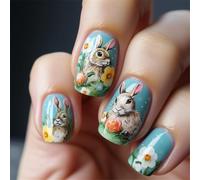 Prensa cuadrada en las uñas uñas falsas diseños de Pascua pegamento en acrílico artificial 24pcs palo para las mujeres presionando ataúd de uñas almendra clavo francés