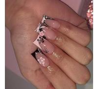 Prensa cuadrada en las uñas uñas falsas pegamento en las uñas uñas acrílicas artificiales 24 Uds palo en las uñas para mujeres niñas uñas falsas francesas