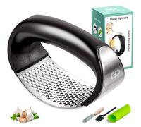 Prensa de ajo de acero inoxidable con un pelador de ajo y espátula, y cepilla extrae más pasta de ajo. La herramienta picadora de ajo exprime, extrae, tritura y presiona el ajo fácil y rápidamente.