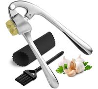 Prensa de ajos, herramienta para picar ajos, apta para lavavajillas y a prueba de óxido, fácil de apretar, fácil de limpiar, mango ergonómico, pelador de ajo y cepillo de silicona (plateado)