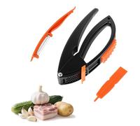 Prensa de Ajos Multifuncional - Picador y Triturador de Ajo de Plástico - Con Cuchillo Pelador y Golpeador de Carne - Herramienta de Cocina Ideal