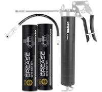 Prensa de engrase con una sola mano con tubo de llenado, prensa manual para engrasar grasa, cartuchos, manguera blindada de 300 mm + 2 x 400 g, cartucho de grasa universal multiusos
