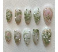 Prensa de flores de almendra en las uñas, 24 Uds. Diseño de flores, uñas postizas con decoración de uñas 3D para mujeres con estilo