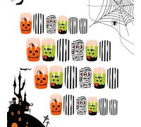 Prensa De Halloween En Las Uñas - Uñas Postizas Con Un Pequeño Fantasma Lindo | Uñas De Calabaza Aterradoras | Diseño De Momia Y Murciélago, Prensa En Las Uñas, Pegamento Corto Con Purpurina En Las Uñ