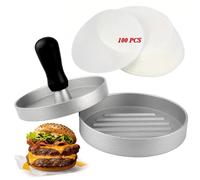 Prensa de hamburguesas con recubrimiento antiadherente, 12 cm, incluye 50 papeles de hornear, en aluminio, para parrilla deliciosas hamburguesas, pattys, barbacoas y platos a la parrilla