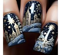 Prensa de Navidad en uñas con diseños de copos de nieve de invierno, fundas completas de acrílico brillante, juego de arte falso para mujeres, 24 piezas de arte de vacaciones