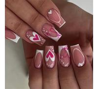 Prensa de San Valentín en las uñas Uñas postizas cuadradas Diseños brillantes Uñas postizas Cubiertas completas Uñas acrílicas artificiales 24pcs 12)