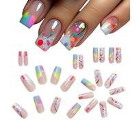 Prensa de uñas cuadrada de longitud media, longitud media parche de clavo cuadrado multicolor gradiente smudge Nail Patch desmontable 24pcs uñas falsas en caja, sensor completo del clavo de la uña