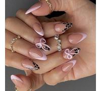 Prensas duraderas para uñas, diseño de manicura francesa, lazos con estampado de leopardo y dulces Pastel, arte de uñas no tóxico para mujeres, francés falso