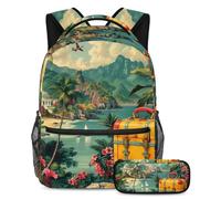 Prepárate para aprender con este moderno juego de 2 mochilas escolares para niños, niñas y adolescentes, patrón de paisaje de viaje, multicolor, B：29.4x20x40cm P：19x7.5x3.8cm, Mochilas de día