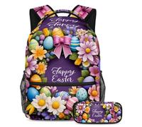 Prepárate para aprender con este moderno juego de 2 mochilas escolares para niños, niñas y adolescentes, corona morada de feliz Pascua, multicolor, B：29.4x20x40cm P：19x7.5x3.8cm, Mochilas de día