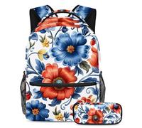 Prepárate para la escuela con nuestra mochila y estuche de 2 piezas, juego de mochila escolar todo en uno para niños, niñas, adolescentes, flores azules y naranjas, multicolor, B：29.4x20x40cm\