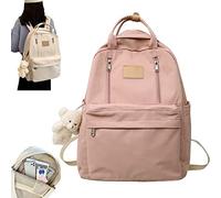 Preppy Backpack with Plushies, Light Academia Bookbags, Cute Vintage Backpack, Solid Aesthetic School Bag, for Teen Girls (Color : Pink)