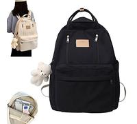 Preppy Backpack with Plushies, Light Academia Bookbags, Cute Vintage Backpack, Solid Aesthetic School Bag, for Teen Girls (Color : Black)