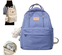 Preppy Backpack with Plushies, Light Academia Bookbags, Cute Vintage Backpack, Solid Aesthetic School Bag, for Teen Girls (Color : Blue)