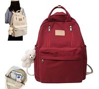 Preppy Backpack with Plushies, Light Academia Bookbags, Cute Vintage Backpack, Solid Aesthetic School Bag, for Teen Girls (Color : Red)