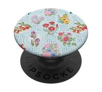 Preppy Floral on Chinoiserie Trellis en Aqua, Turquesa PopSockets PopGrip Adhesivo