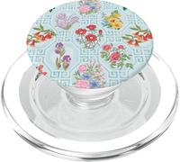 Preppy Floral on Chinoiserie Trellis en Aqua, Turquesa PopSockets PopGrip para MagSafe