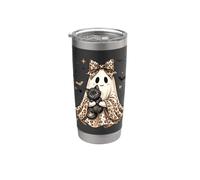 Preppy Halloween Ghost Girl Black Cat Low Leopard Spooky Vaso térmico de acero inoxidable de doble pared