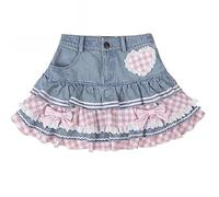 Preppy Lolita Kawaii Faldas Dulce Mini Mujer Lindo Vestido de Baile Falda de Mezclilla Y2K Cintura Alta Falda de Pastel de Encaje, Azul, M