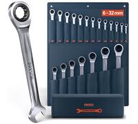 PRESCH Llaves fijas con carraca 20 uds (6-32mm) con bolsa - Ángulo de retorno mínimo (hasta 2,7°, 135 dientes) - Juego llaves carraca duraderas fabricados con precisión