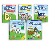 Preschool Prep Company Paquete de libro de trabajo básico/lectura con 5 libros de trabajo: habilidades básicas de preparación preescolar, cumple con las palabras de vista, conoce los sonidos de letras