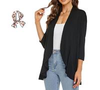 Presencte Women's Casual Lightweight Open Front Cardigans, Women's 3/4 Sleeve Cardigan Ruffle Cardigan (Black,XL)