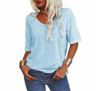 Presencte Women's Solid Color V-Neck T-Shirt, Lightweight 3/4 Sleeve Tunic Top, Loose Fit Casual Summer Soft tee