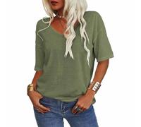 Presencte Women's Solid Color V-Neck T-Shirt, Lightweight 3/4 Sleeve Tunic Top, Loose Fit Casual Summer Soft tee