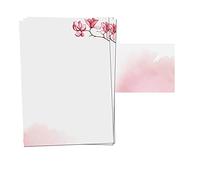 PRESENTOU Juego de 25 papeles de carta impresos por ambos lados, 120 gramos, papel de diseño, certificado, menú, carta de amor (acuarela, flores rosas, 25 + 25 hojas + sobres)