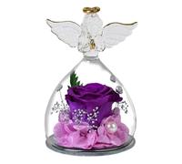 Preserved Rose in Angel Glass - Floral Figurine Ornament with Clear Dome Presentation, Artistic Artificial Rose Display Sculpture, Elegant Tabletop Decorative Accent, Fine Glass Craft Interior Symbol
