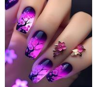 Presione sobre las uñas, pegamento falso de flores sobre acrílico Artificial, 24 Uds, adhesivo para mujeres y niñas en ataúd, punta francesa de almendra