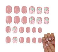 Press On Nails - 24 Pieces Artificial Pink Floral Stick On Fingernails | Easy Apply Press On Artificial Nail Set with Stylish Design for Wife Girlfriend Mother Friends Girls Her Party Everyday Fashion
