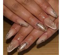 Press on Nails Almendra Longitud Media - Uñas Almendra de Color Nude con Efecto Ojo de Gato Magnético, Punta Francesa y Perlas 3D, Uñas Postizas de Gel Suave Brillantes para Navidad y Nochevieja,