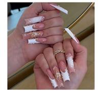 Press On Nails Largo Cuadrado Nude blanco punta perla 3D Francés vintage Uñas Postizas Reutilizables con Pegamento Manicura Francesa para Fiesta Uso Diario