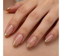 Press on Nails,Press On Nails Short,Almond Fake Nail,with Irregular Gold Lines Line Design,Glue on Nails Acrylic Glossy Full Cover Stick on for Women