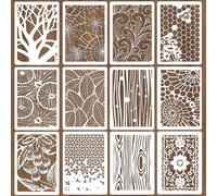PRESSINART 12 Piezas 12 Estilos Plantillas de Textura de Pared de Medios Mixtos 12 x 8 Pulgadas Árboles Flores Hojas Patrón Geométrico Reutilizable de Plástico Pet Ahuecado Plantilla de Dibujo para