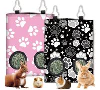PRESSINART 2 Piezas 2 Estilos Bolsa de Heno para Cobayas Y Chinchillas 11.6 x 9.1 Pulgadas Bolsas de Heno para Animales Pequeños con 2 Agujeros Tela Estampada de Huellas Rosas Y Negras Lavable