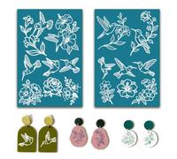 PRESSINART 2 Piezas 2 Estilos Plantillas de Serigrafía Floral 3.9 x 6 Pulgadas Plantillas de Arcilla de Polímero Colibríes Flores Patrón Transferibles Reutilizables de Nailon para Arcilla de Polímero