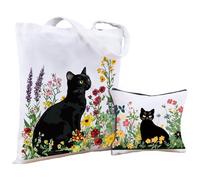 PRESSINART 2 Piezas Conjunto de Bolsa de Tela de Gato Wildflower Bolsa de Maquillaje con Tema de Mascotas Florales Estuche de Algodón Rectangular Reutilizable con Estampado de Gato para Cosméticos