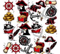 PRESSINART 24 Piezas 12 Estilos Decoraciones de Fiesta Pirata Colgantes de Techo Remolinos Cofre del Tesoro Barco Ancla Timón Relojes Patrón Plástico Papel Streamer para Decoración de Celebración de