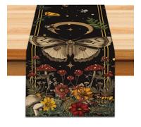 PRESSINART Camino de Mesa Flower Moon Estilo Boho con Hongos Diseño Floral de Polilla Negra Estilo Vintage Decoración de Temporada para Fiestas Sala de Estar Casa de Campo Cocina 13 x 72 Pulgadas