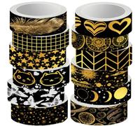 PRESSINART Conjunto de Cintas Adhesivas Moon Washi 12 Rollos de 0.6 Pulgadas con Diseño de Luna Estrella Sol Mariposa Y Gato En Lámina Dorada Mística Ideales para Journaling Manualidades Scrapbooking