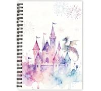 PRESSINART Cuaderno de Espiral de Acuarela A5 Cuaderno Diario Diseño de Dragón Castillo de Ensueño 80 Páginas Cuaderno con Rayas Universitarias con Bolsillos Cuaderno Duradero para Suministros de
